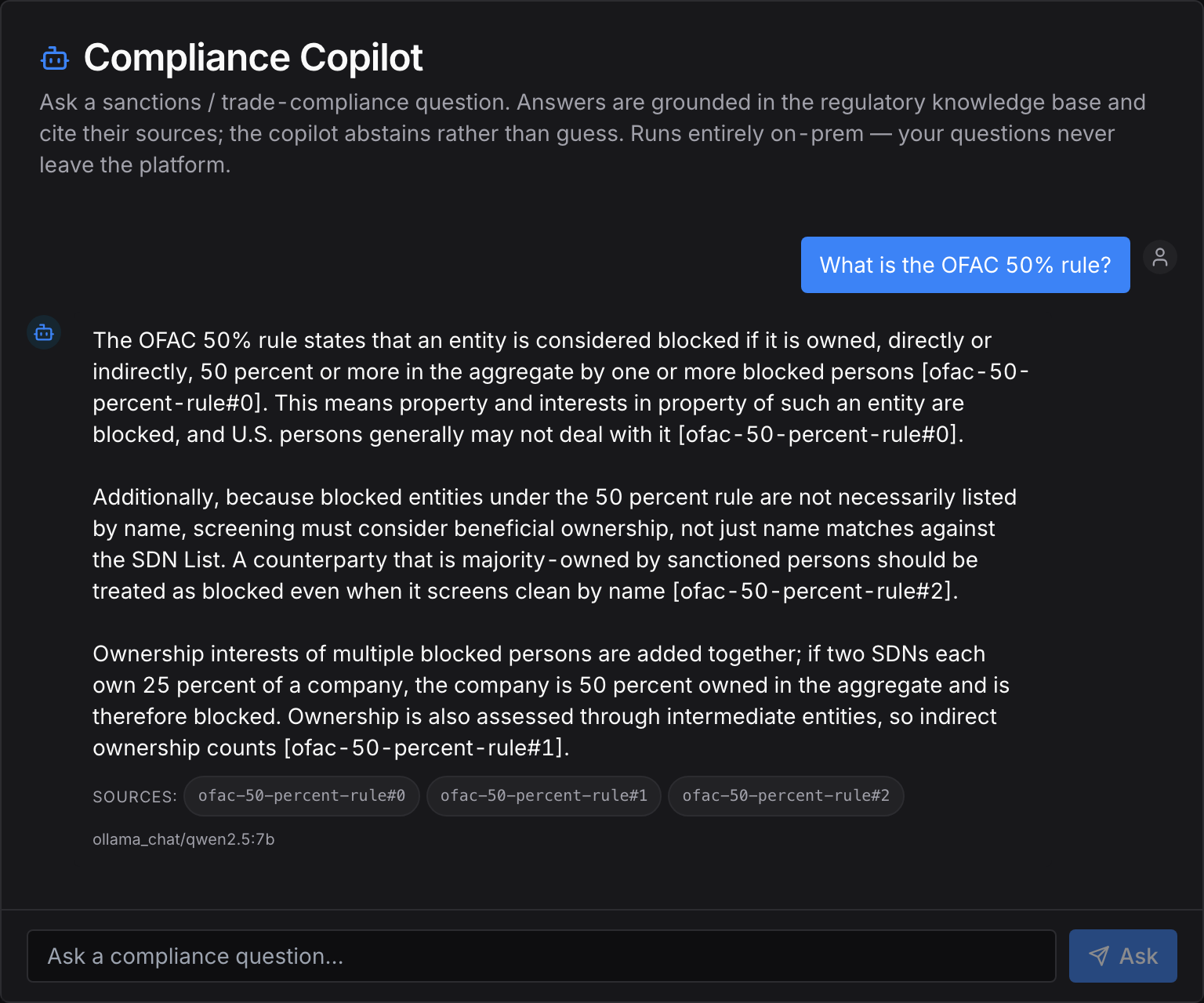 Compliance copilot answering a sanctions question, grounded in the knowledge base with cited sources — running entirely on-prem.